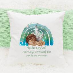 Personalised Angel Baby Cushion, Rainbow Memory Keepsake, Your Wings Were Ready But Our Hearts Not, Sleeping - thumbnail 3