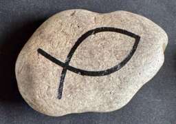 Engraved Natural River Stone - Ichthys Fish Symbol Of Christianity