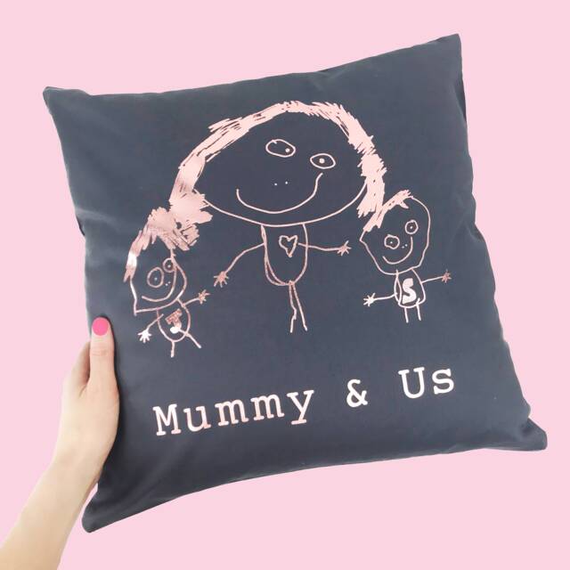 Mummy & Us Cushion - Childrens Drawing Gift Mothers Day Personalised Rose Gold - image 1