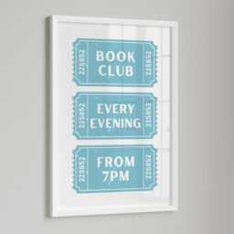 Book Club Retro Ticket Print, Reading Nook Wall Art, Worm Typography Poster, Blue Home Decor - thumbnail 3