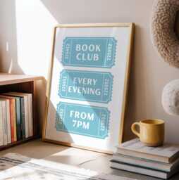 Book Club Retro Ticket Print, Reading Nook Wall Art, Worm Typography Poster, Blue Home Decor - thumbnail 1
