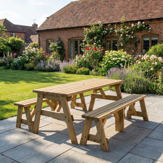 Solid Wood Picnic Table & Bench Set - Victoria Garden Dining Furniture Handmade Outdoor Patio in Multiple Sizes - image 1