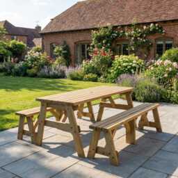 Solid Wood Picnic Table & Bench Set - Victoria Garden Dining Furniture Handmade Outdoor Patio in Multiple Sizes - thumbnail 1