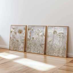 Neutral Botanical Wall Art Set Of 3, Beige & Taupe Wildflower Prints, Minimal Nature Posters For Modern Farmhouse Or Rustic Home Decor - thumbnail 1