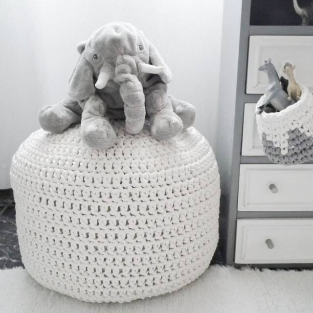 White Round Ottoman Pouf, Chunky Knit Footstool Pouffe, Eco Cotton Washable - Neutral Home Decor - image 1