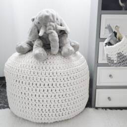 White Round Ottoman Pouf, Chunky Knit Footstool Pouffe, Eco Cotton Washable - Neutral Home Decor