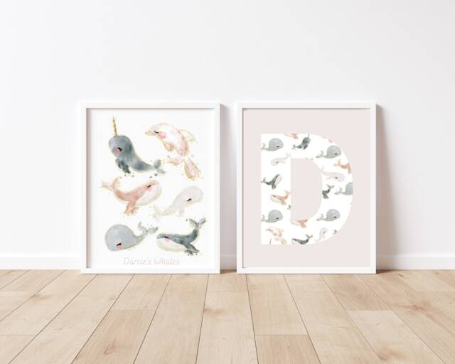 Whale Prints - Childrens Mixed Pink Sparkly Whale & Initial Personalised Girls Ocean Animals Nursery Decor Wall Art Set Of 2 - image 1