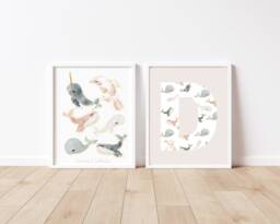 Whale Prints - Childrens Mixed Pink Sparkly Whale & Initial Personalised Girls Ocean Animals Nursery Decor Wall Art Set Of 2 - thumbnail 1