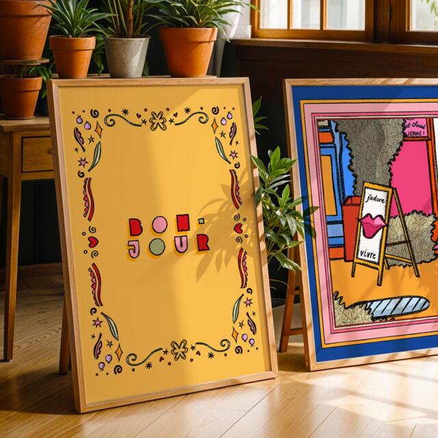 Bonjour French Art Print Yellow Kitchen Decor - image 1