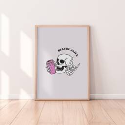 stayin' Alive Print - Skeleton Print, Coffee Art, Fun Kitchen Cute Decor, Wall - thumbnail 1