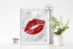 Kiss Print, Red Lips Marble Make Up Decor, Teenage Room, Beauty Salon Prints, Gallery Wall Gift For Her - thumbnail 1