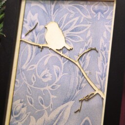 Framed Art. Laser Cut Bird On A Branch With Vintage Wallpaper in Black Frame - thumbnail 3