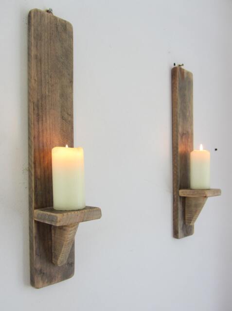 Pair Of Rustic Recycled Pallet Wood Wall Sconce Led Candle Holders - image 1