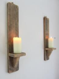 Pair Of Rustic Recycled Pallet Wood Wall Sconce Led Candle Holders - thumbnail 1