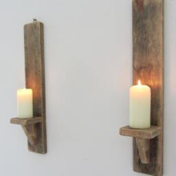 Pair Of Rustic Recycled Pallet Wood Wall Sconce Led Candle Holders - thumbnail 2
