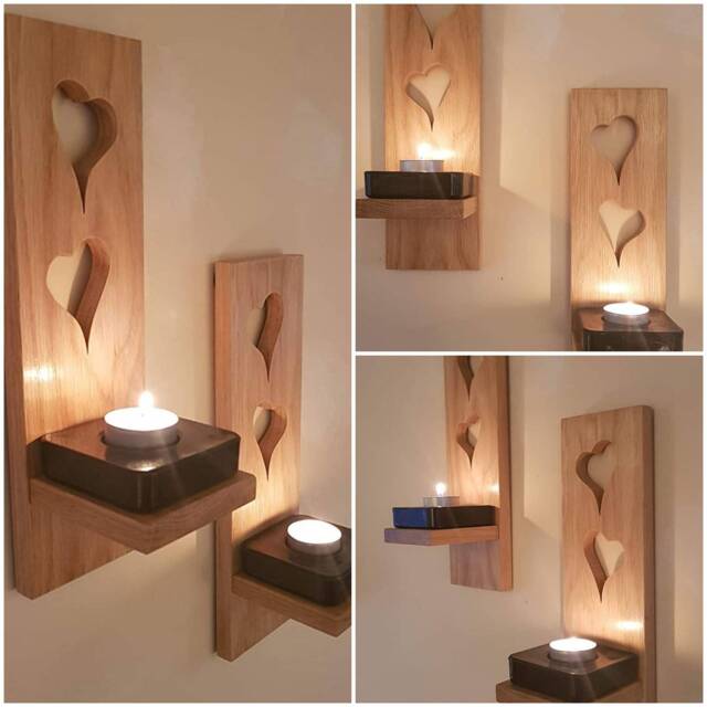 Wooden Candle Sconces - Pair Solid Oak Handmade .candles /Glass Etc Not Included - image 1