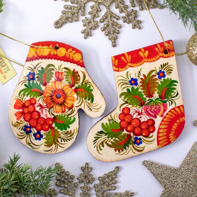 Wooden Christmas Ornaments Mitten & Stocking Decorations Hand Painted in Ukrainian Petrykivka Painting Ethnic Style Artisan Folk - image 1