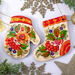 Wooden Christmas Ornaments Mitten & Stocking Decorations Hand Painted in Ukrainian Petrykivka Painting Ethnic Style Artisan Folk