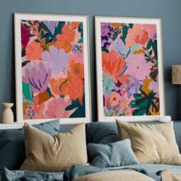 Colourful Abstract Floral Prints Set Of 2, Modern Botanical Wall Art Pair, Pink Coral Green Gallery Posters - thumbnail 3