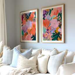 Colourful Abstract Floral Prints Set Of 2, Modern Botanical Wall Art Pair, Pink Coral Green Gallery Posters - thumbnail 2