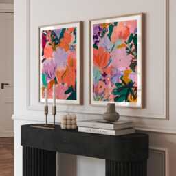 Colourful Abstract Floral Prints Set Of 2, Modern Botanical Wall Art Pair, Pink Coral Green Gallery Posters - thumbnail 1