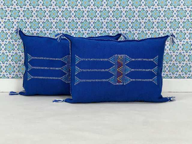 Yakiti-Blue Square Moroccan Pillows, Aka Cactus Silk Pillow, Decorative Pillows, Sabra Pillows, Moroccan Decor Designer Cactus - image 1