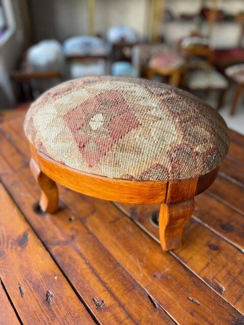Vintage Kilim Ottoman Stool, Oval Beech Wood Foot Rest - image 1