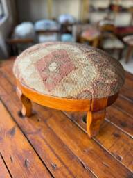 Vintage Kilim Ottoman Stool, Oval Beech Wood Foot Rest - thumbnail 1