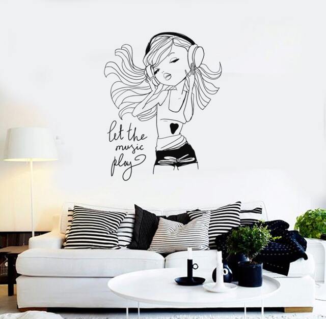 Wall Vinyl Decal Girl Music Let The Play Headphones Fashion Decor Girl's Room Modern Sketch Home Art - #1246Di - image 1