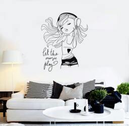 Wall Vinyl Decal Girl Music Let The Play Headphones Fashion Decor Girl's Room Modern Sketch Home Art - #1246Di - thumbnail 1