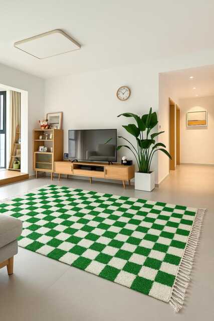 Handmade Moroccan Checkered Wool Rug Black & White Checkerboard - image 1