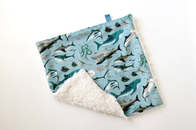 Dream Lovie. Security Blanket. Personalized Lovey. Faux Fur Blue Sharks. Mini Baby Minky Shower Gift - image 1