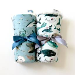 Dream Lovie. Security Blanket. Personalized Lovey. Faux Fur Blue Sharks. Mini Baby Minky Shower Gift - thumbnail 3