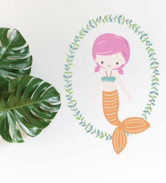 Mermaid Orange With Wreath Wall Sticker Decal - Kids Stickers, Animals Childrens Decals, Art, Room