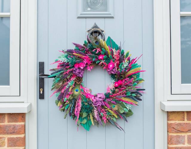 Dried Flower Christmas Wreath, Emerald & Pink. An Alternative Festive Door Wreath From Florence Flowers. Cerise Fuchsia Teal Peacock - image 1