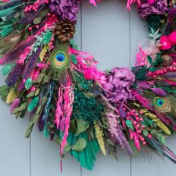 Dried Flower Christmas Wreath, Emerald & Pink. An Alternative Festive Door Wreath From Florence Flowers. Cerise Fuchsia Teal Peacock - thumbnail 2