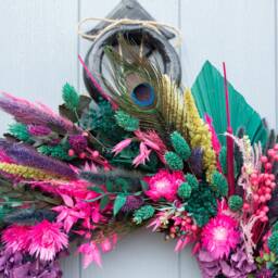 Dried Flower Christmas Wreath, Emerald & Pink. An Alternative Festive Door Wreath From Florence Flowers. Cerise Fuchsia Teal Peacock - thumbnail 3