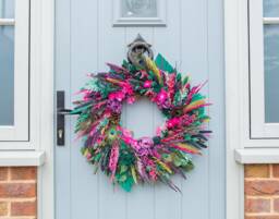 Dried Flower Christmas Wreath, Emerald & Pink. An Alternative Festive Door Wreath From Florence Flowers. Cerise Fuchsia Teal Peacock - thumbnail 1