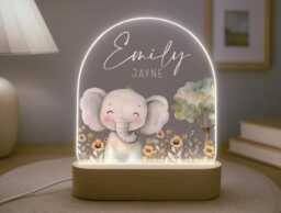 Personalised Children's Elephant Night Light - Led Lamp Nursery Decor Baby Boy Girl Gift For New Name Sign Jungle Bedroom