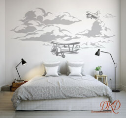 Airplane Decal, Biplane Decal, Cloud Boys Nursery Wall Decal Decor, Sticker Mural Room Decor-Dk334 - thumbnail 1