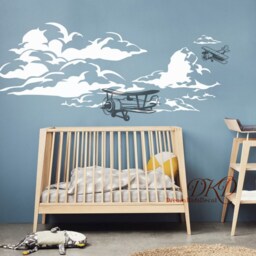 Airplane Decal, Biplane Decal, Cloud Boys Nursery Wall Decal Decor, Sticker Mural Room Decor-Dk334 - thumbnail 2