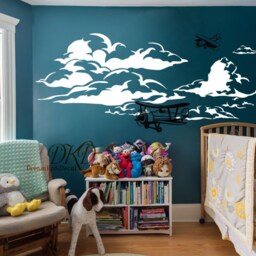 Airplane Decal, Biplane Decal, Cloud Boys Nursery Wall Decal Decor, Sticker Mural Room Decor-Dk334 - thumbnail 3