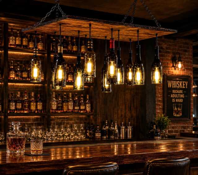 Wine Bottle Chandelier Industrial Hanging Light With Dark Oak Wood Base - image 1