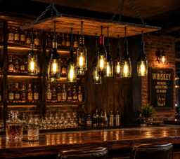 Wine Bottle Chandelier Industrial Hanging Light With Dark Oak Wood Base - thumbnail 1