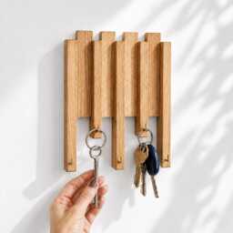 Sculptural Key Holder, Oak Wood Slat Wall Art, Modern Rack With Hidden Hooks, Geometric Entryway Decor - thumbnail 2