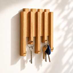 Sculptural Key Holder, Oak Wood Slat Wall Art, Modern Rack With Hidden Hooks, Geometric Entryway Decor