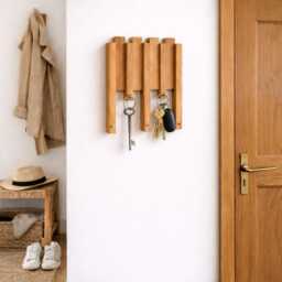 Sculptural Key Holder, Oak Wood Slat Wall Art, Modern Rack With Hidden Hooks, Geometric Entryway Decor - thumbnail 3