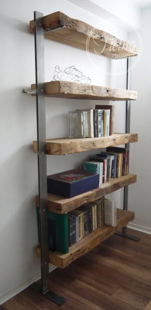 Reclaimed Barn Wood Bookcase, Stainless Steel Poles, Rustic Shelves - image 1