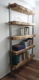 Reclaimed Barn Wood Bookcase, Stainless Steel Poles, Rustic Shelves - thumbnail 1