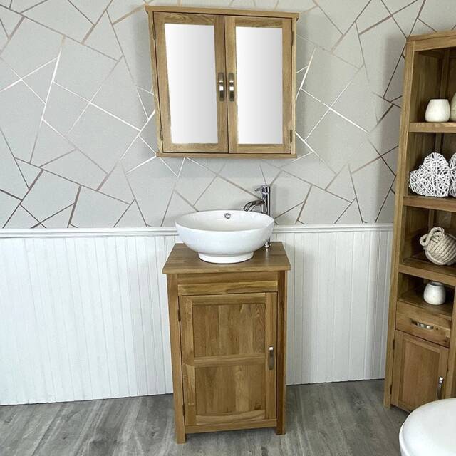 Small Compact Oak Bathroom Modern Vanity Cabinet & Ceramic Basin 308 - image 1